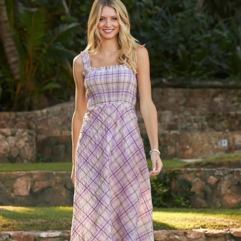 Boston Proper Smocked Plaid Seersucker Dress
